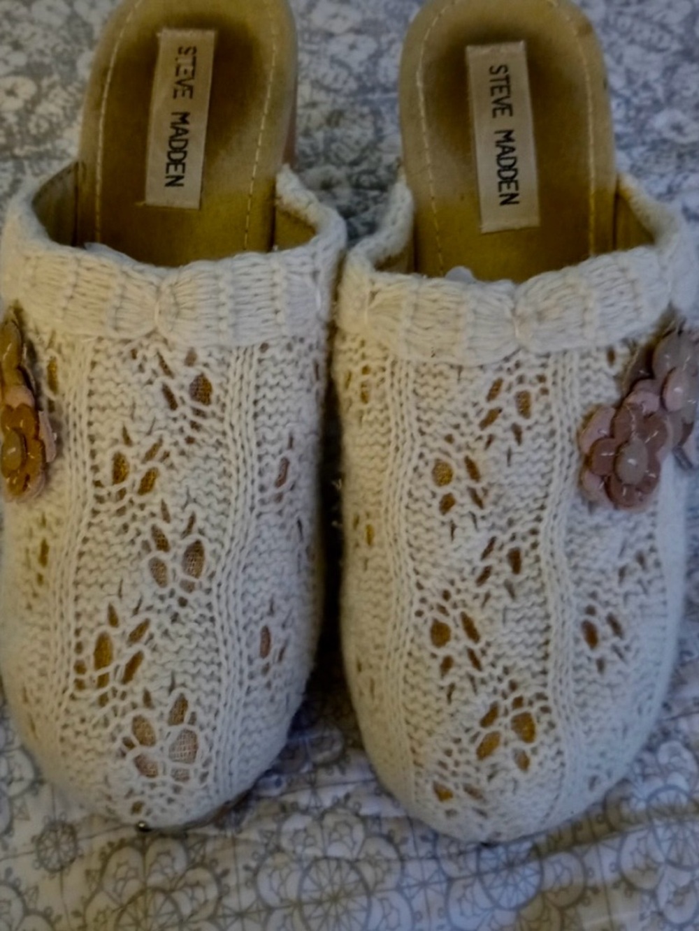 Steve Madden Cream Knit Slip-On Clogs with Pink Floral Accent